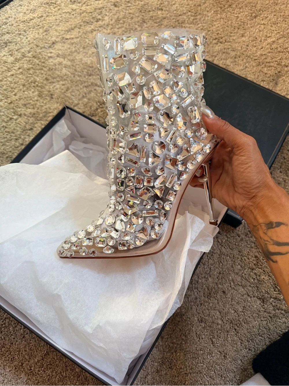 Azalea Wang Drippy Glass Crystal Embellished Stiletto Ankle Boots